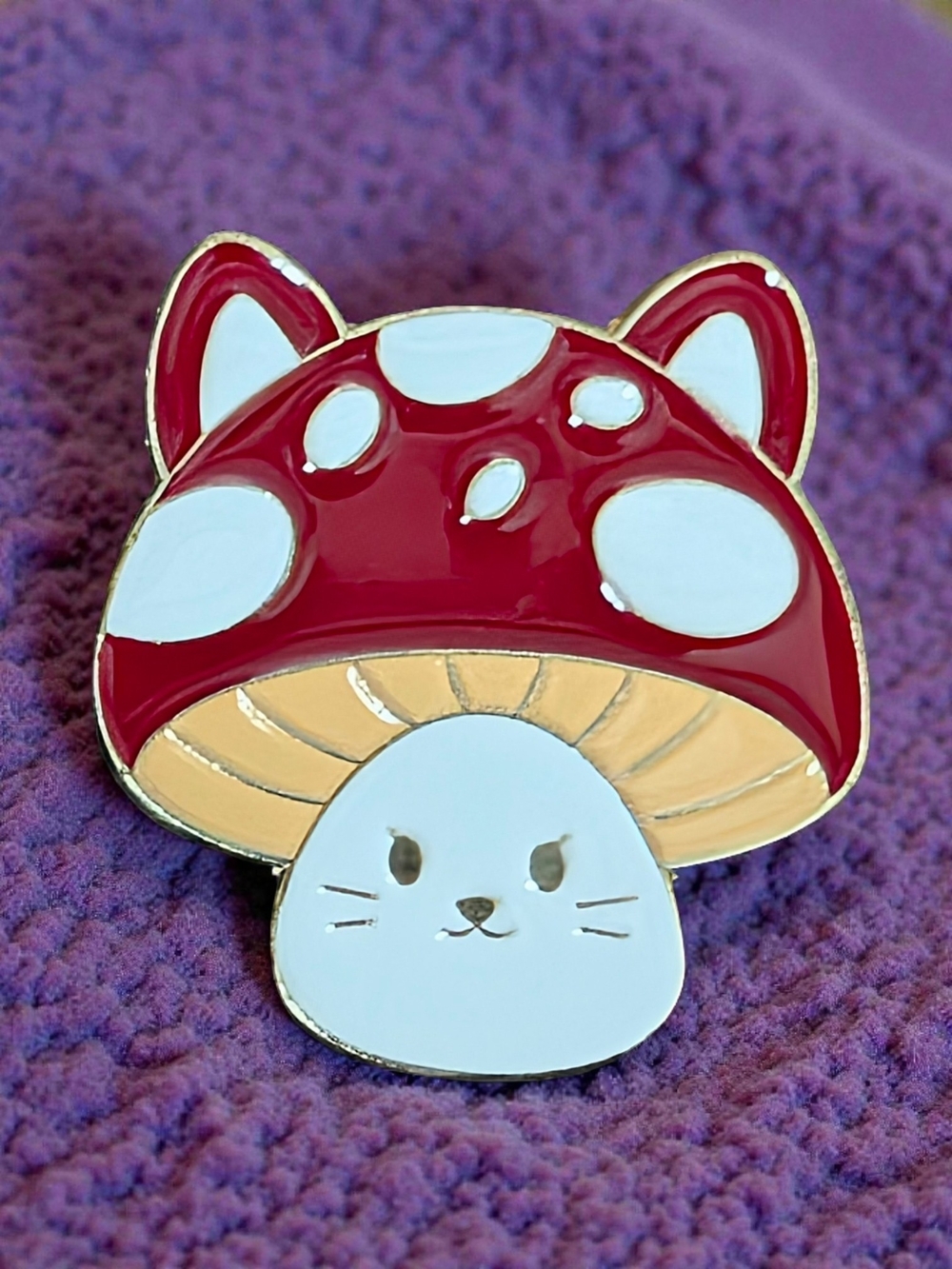 Enamel Cat Mushroom Pin - Red and White Cute Cat Brooch